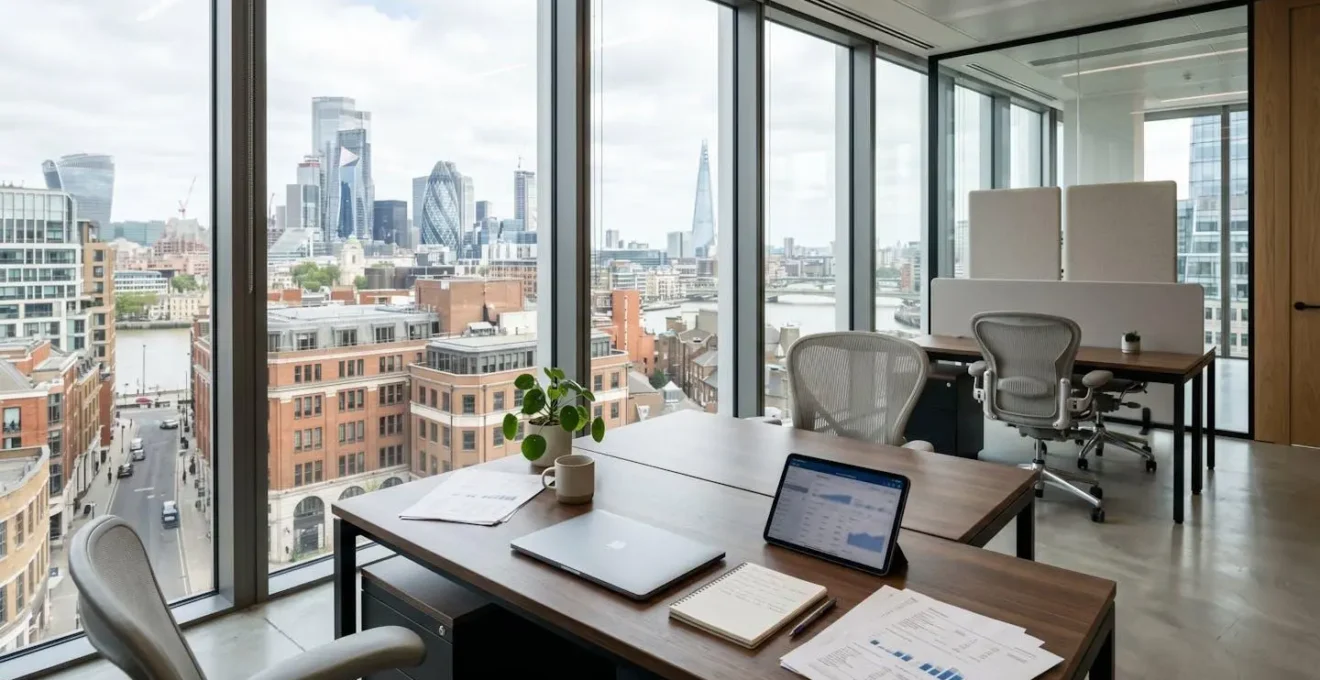 Bureau contemporain lumineux avec grande fenêtre, espace de travail épuré avec des documents financiers et une tablette posée sur le bureau, architecture européenne visible en arrière-plan
