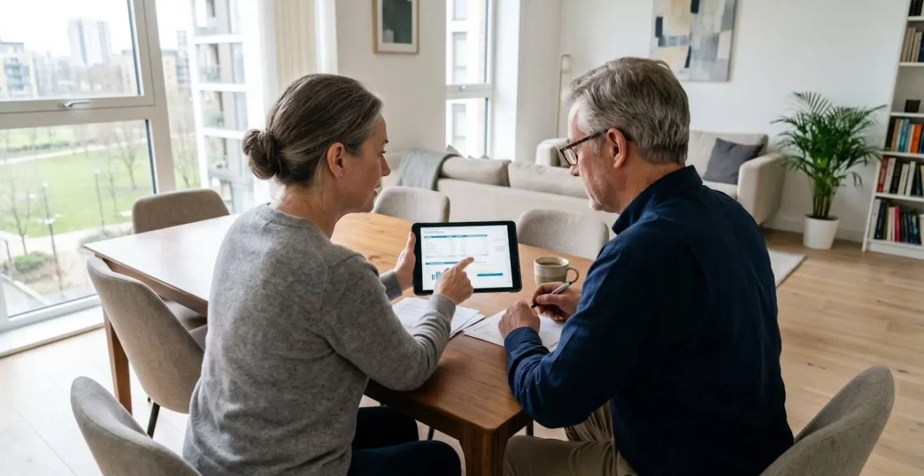 Un couple d'environ cinquante ans consulte ensemble des documents financiers sur une tablette, assis à une table de salon contemporain éclairé par la lumière naturelle d'une fenêtre