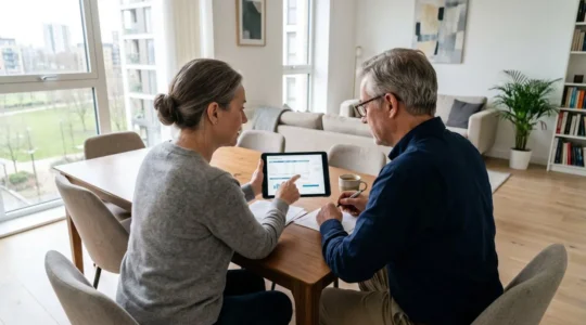 Un couple d'environ cinquante ans consulte ensemble des documents financiers sur une tablette, assis à une table de salon contemporain éclairé par la lumière naturelle d'une fenêtre