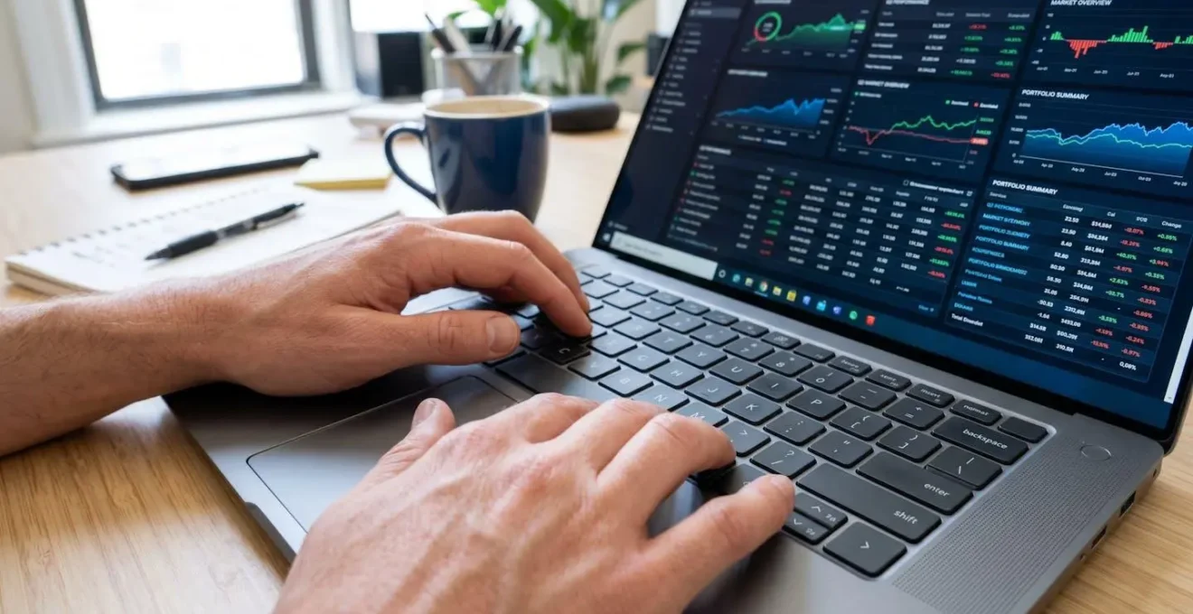 Gros plan sur des mains tapant sur un clavier d'ordinateur portable moderne, avec une interface de gestion financière floue en arrière-plan